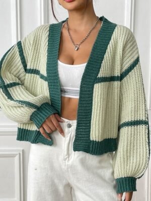 Fashion Regular Fit Colour Block Cowl Neck Long Sleeve Cardigan - Image 1