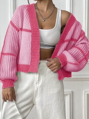 Fashion Regular Fit Colour Block Cowl Neck Long Sleeve Cardigan - Image 12