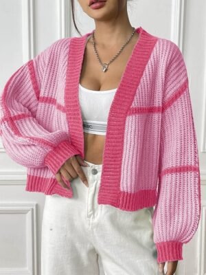 Fashion Regular Fit Colour Block Cowl Neck Long Sleeve Cardigan - Image 13