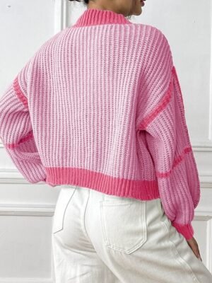 Fashion Regular Fit Colour Block Cowl Neck Long Sleeve Cardigan - Image 14