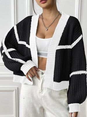 Fashion Regular Fit Colour Block Cowl Neck Long Sleeve Cardigan - Image 16
