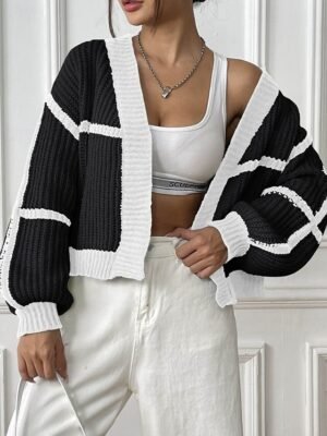 Fashion Regular Fit Colour Block Cowl Neck Long Sleeve Cardigan - Image 17