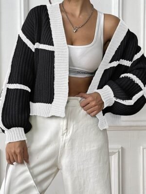Fashion Regular Fit Colour Block Cowl Neck Long Sleeve Cardigan - Image 18