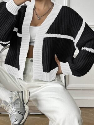 Fashion Regular Fit Colour Block Cowl Neck Long Sleeve Cardigan - Image 19