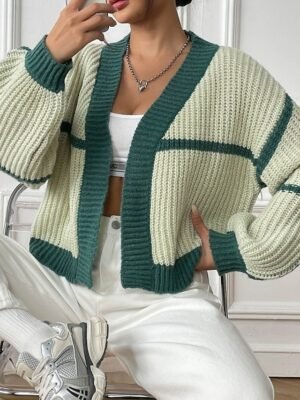 Fashion Regular Fit Colour Block Cowl Neck Long Sleeve Cardigan - Image 2