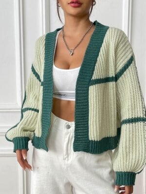 Fashion Regular Fit Colour Block Cowl Neck Long Sleeve Cardigan - Image 3