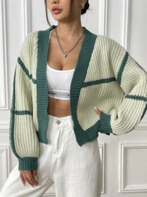 Fashion Regular Fit Colour Block Cowl Neck Long Sleeve Cardigan - Image 5