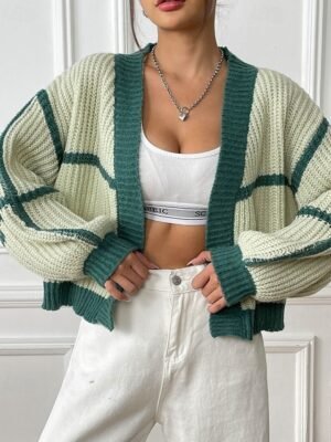 Fashion Regular Fit Colour Block Cowl Neck Long Sleeve Cardigan - Image 6