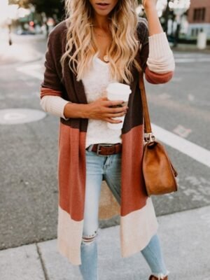 Fashion Regular Fit Colour Block Open Front Ribbed Long Sleeve Long Cardigan - Image 1