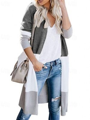 Fashion Regular Fit Colour Block Open Front Ribbed Long Sleeve Long Cardigan - Image 2