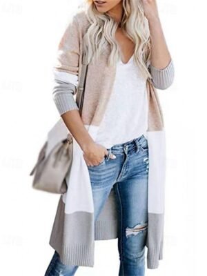 Fashion Regular Fit Colour Block Open Front Ribbed Long Sleeve Long Cardigan - Image 3
