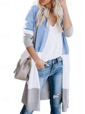 Fashion Regular Fit Colour Block Open Front Ribbed Long Sleeve Long Cardigan - Image 4