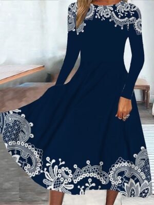 Fashion Regular Fit Floral Crew Neck Long Sleeve Midi Dress - Image 1