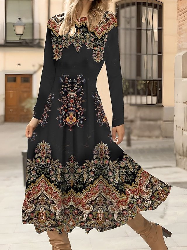 Fashion Regular Fit Floral Crew Neck Long Sleeve Midi Swing Dress - Image 1