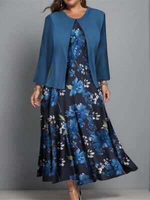 Fashion Regular Fit Floral Crew Neck Long Sleeve Midi Dress Set - Image 1