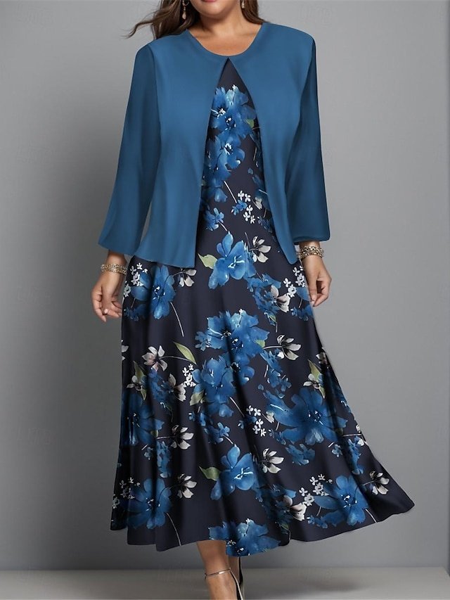 Fashion Regular Fit Floral Crew Neck Long Sleeve Midi Dress Set - Image 1