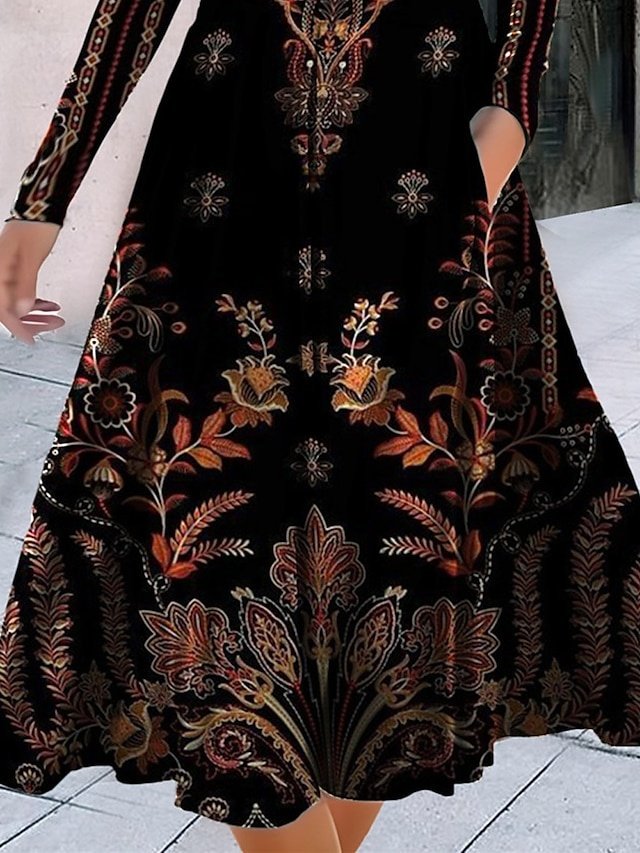 Fashion Regular Fit Floral Crew Neck Long Sleeve Midi Dress - Image 2