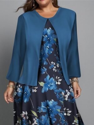 Fashion Regular Fit Floral Crew Neck Long Sleeve Midi Dress Set - Image 3