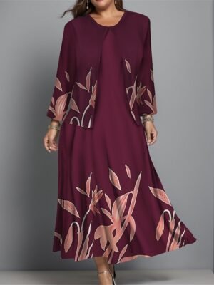 Fashion Regular Fit Floral Crew Neck Long Sleeve Midi Dress Set - Image 4