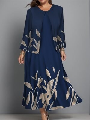 Fashion Regular Fit Floral Crew Neck Long Sleeve Midi Dress Set - Image 5