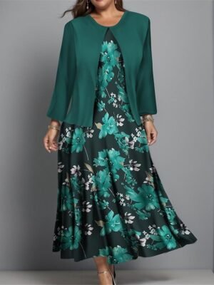Fashion Regular Fit Floral Crew Neck Long Sleeve Midi Dress Set - Image 6