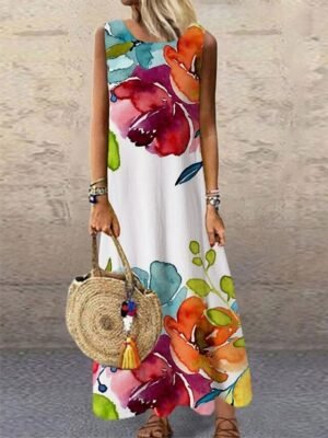 Fashion Regular Fit Floral Crew Neck Sleeveless Maxi Dress - Image 2
