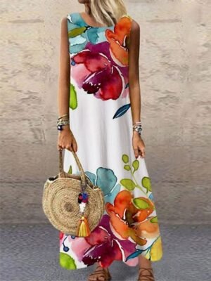 Fashion Regular Fit Floral Crew Neck Sleeveless Maxi Dress - Image 5
