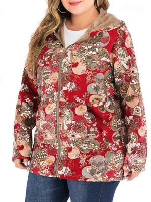 Fashion Regular Fit Floral Hooded Long Sleeve Fleece Coat - Image 1