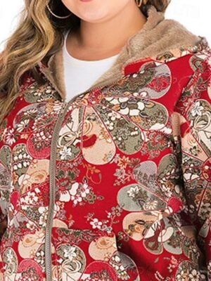 Fashion Regular Fit Floral Hooded Long Sleeve Fleece Coat - Image 2