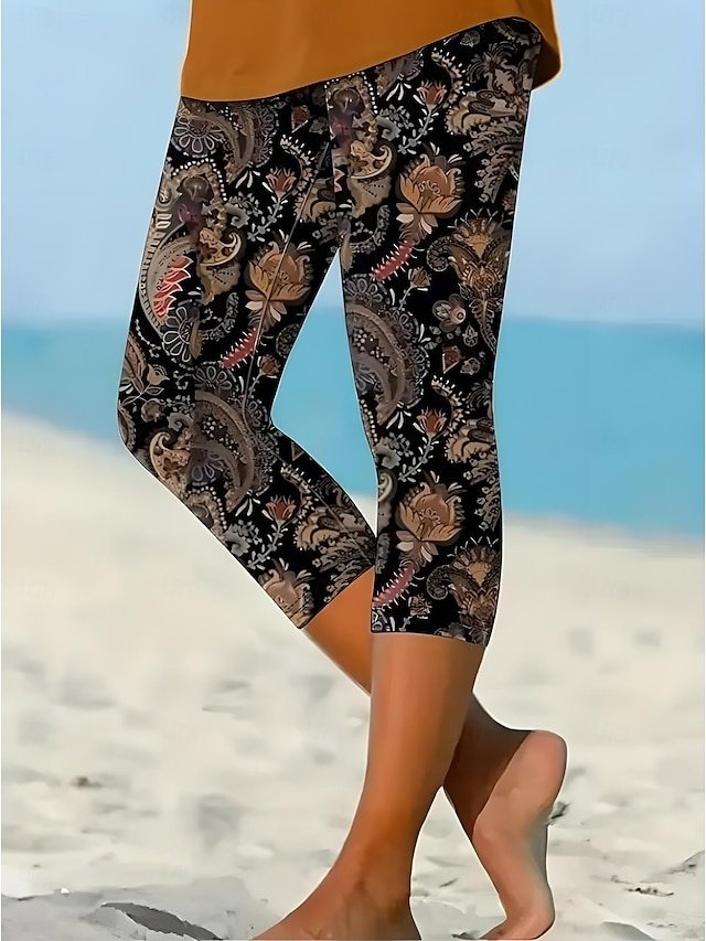 Fashion Regular Fit Floral Mid Waist Ankle-Length Capri Leggings - Image 1