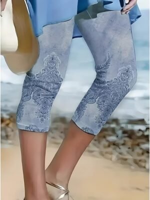 Fashion Regular Fit Floral Mid Waist Ankle-Length Capri Leggings - Image 1