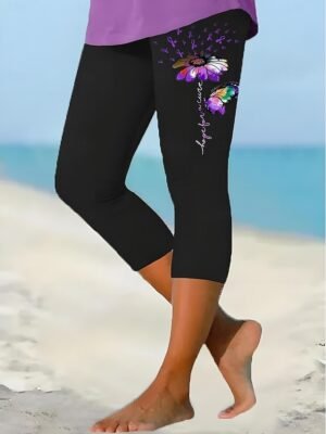 Fashion Regular Fit Floral Mid Waist Capri Leggings - Image 1