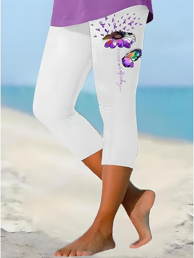 Fashion Regular Fit Floral Mid Waist Capri Leggings - Image 2