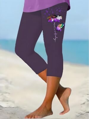 Fashion Regular Fit Floral Mid Waist Capri Leggings - Image 3