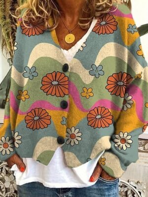 Fashion Regular Fit Floral Open Front Long Sleeve Long Cardigan - Image 2