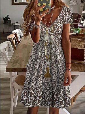 Fashion Regular Fit Floral Paisley V Neck Short Sleeve Mini Dress - Image 1