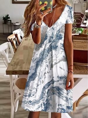 Fashion Regular Fit Floral Paisley V Neck Short Sleeve Mini Dress - Image 2