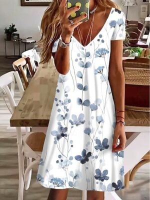 Fashion Regular Fit Floral Paisley V Neck Short Sleeve Mini Dress - Image 3