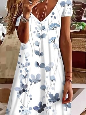 Fashion Regular Fit Floral Paisley V Neck Short Sleeve Mini Dress - Image 5