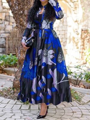 Fashion Regular Fit Floral Split Neck Long Sleeve Maxi Dress - Image 1