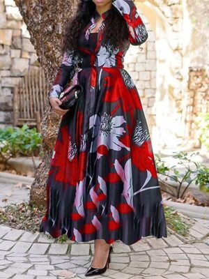 Fashion Regular Fit Floral Split Neck Long Sleeve Maxi Dress - Image 2