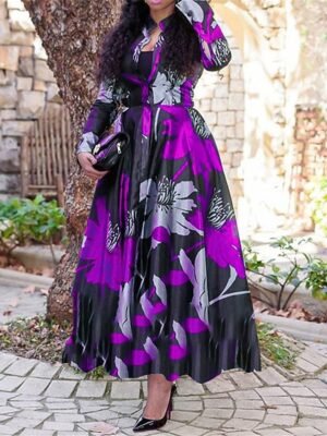 Fashion Regular Fit Floral Split Neck Long Sleeve Maxi Dress - Image 4