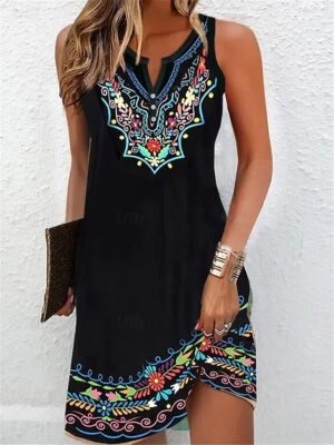 Fashion Regular Fit Floral Split Neck Sleeveless Mini Dress - Image 1