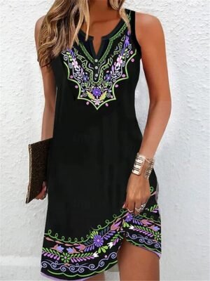 Fashion Regular Fit Floral Split Neck Sleeveless Mini Dress - Image 7