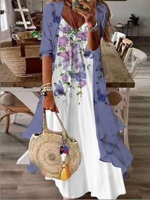Fashion Regular Fit Floral V Neck 3/4 Sleeve Maxi Dress - Image 1