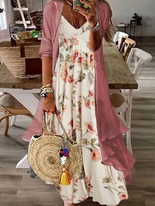 Fashion Regular Fit Floral V Neck 3/4 Sleeve Maxi Dress - Image 2