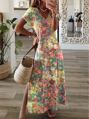 Fashion Regular Fit Floral V Neck Short Sleeve Maxi Dress - Image 1