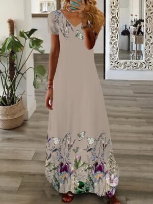 Fashion Regular Fit Floral V Neck Short Sleeve Maxi Dress - Image 1
