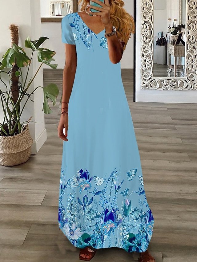 Fashion Regular Fit Floral V Neck Short Sleeve Maxi Dress - Image 2