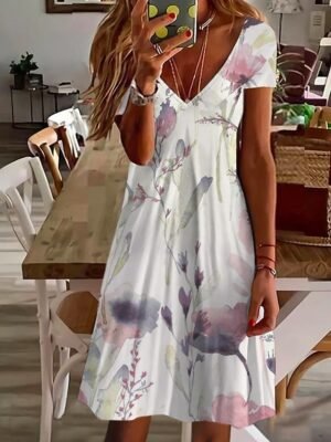 Fashion Regular Fit Floral V Neck Short Sleeve Mini Dress - Image 3